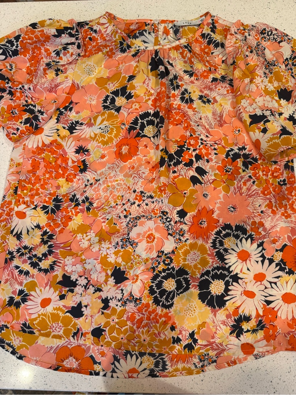 Lush Coral Pink Orange Floral Puff-Sleeve Blouse